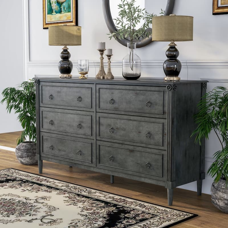 Distressed Gray Double Dresser with Ring Pulls and Fluted Corners