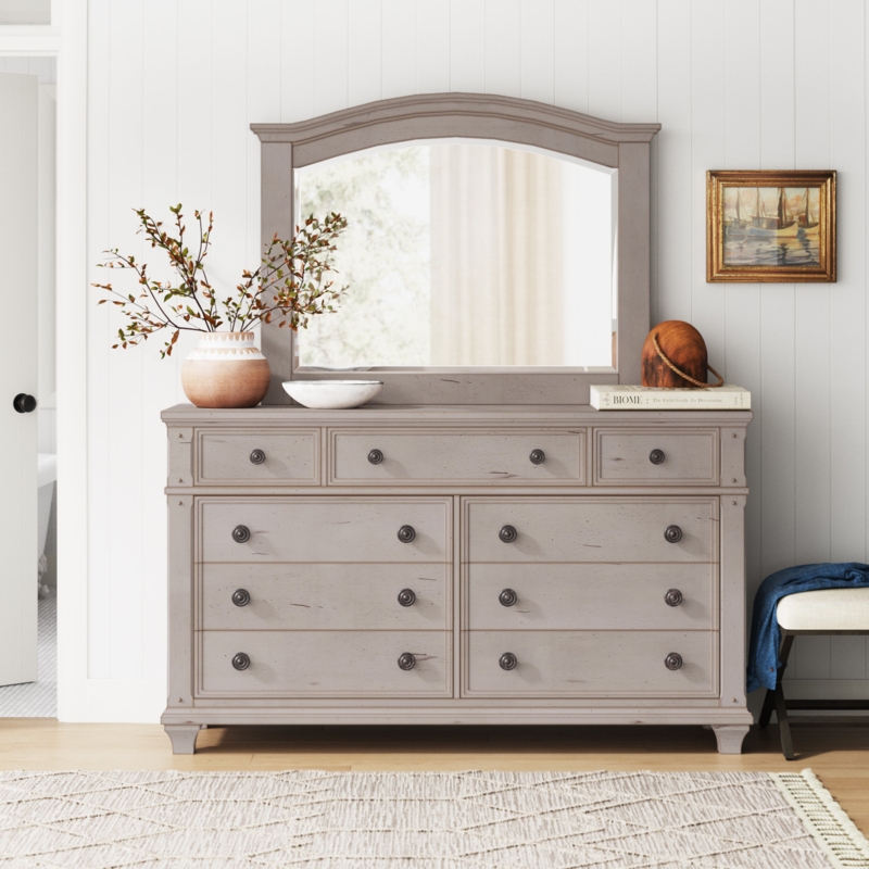 Distressed Grey Bedroom Storage: 9-Drawer Dresser & Arched Mirror