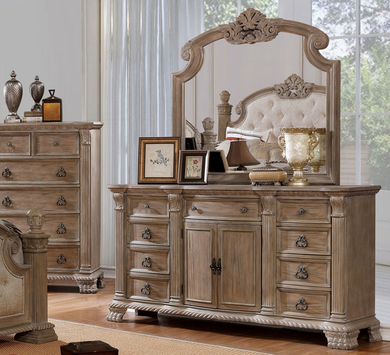 Distressed Taupe Dresser with Elaborate Carved Arched Mirror Crest