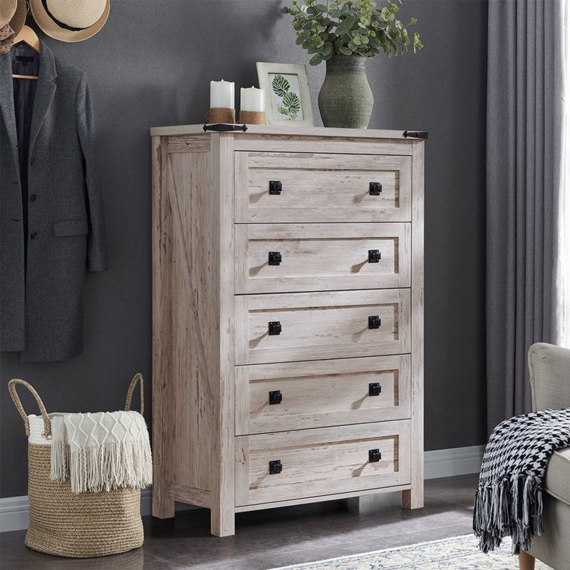 Distressed White 5 Drawer Chest with Black Metal Accents
