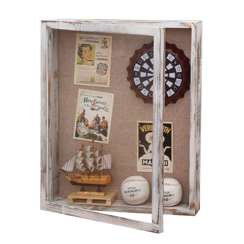 Distressed White Shadow Box with Hinged Door and 4 Inch Depth