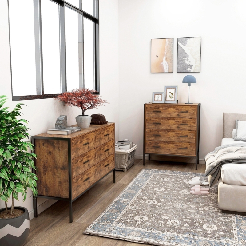 Distressed Wood Double Dresser on Slim Metal Legs