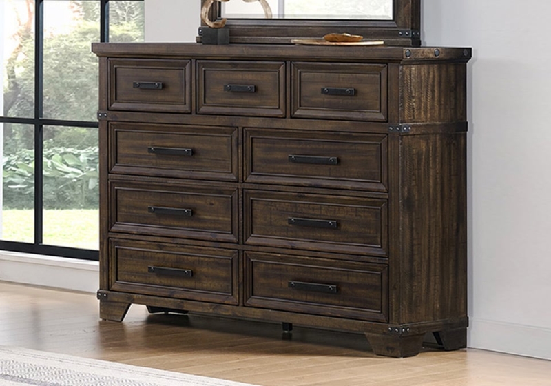 Distressed Wood Dresser Metal Accents 9 Drawer Riveted Corners