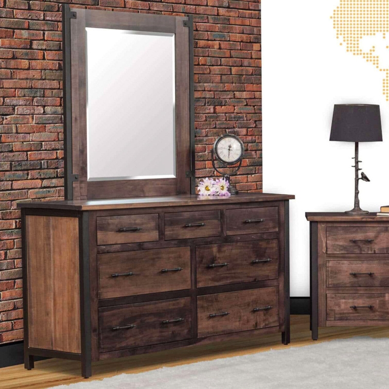 Distressed Wood Dresser with Mirror Metal Frame Industrial