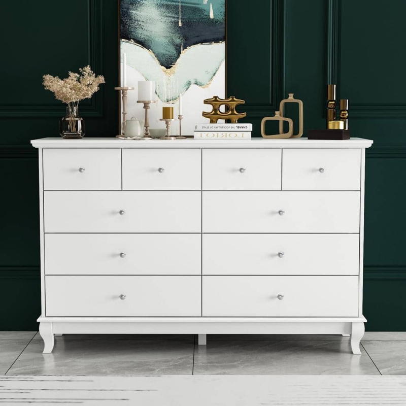 Double Dresser 10-Drawer Matte White Curved Feet Large Capacity Chest