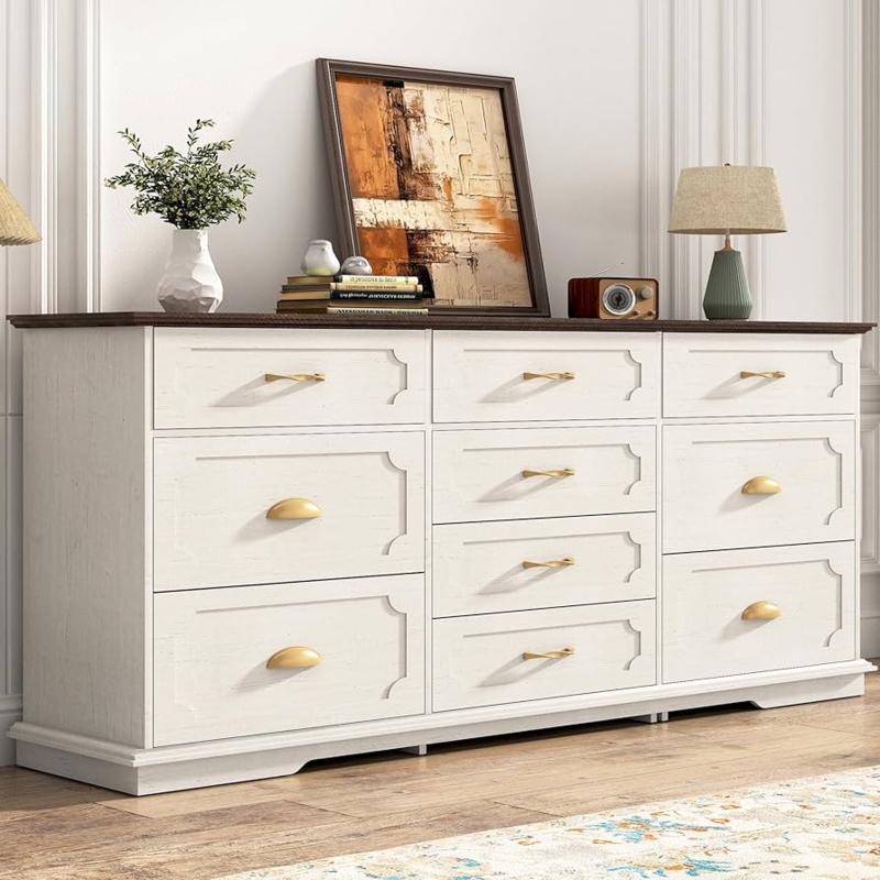 Double Dresser, 10-Drawer, Off-White with Dark Wood Top, Gold Hardware