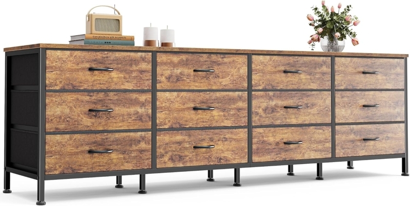 Double Dresser, 12-Drawer Wood Grain Fabric, Metal Frame
