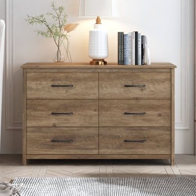 Double Dresser 6-Drawer Warm Wood Modern Farmhouse Black Pulls