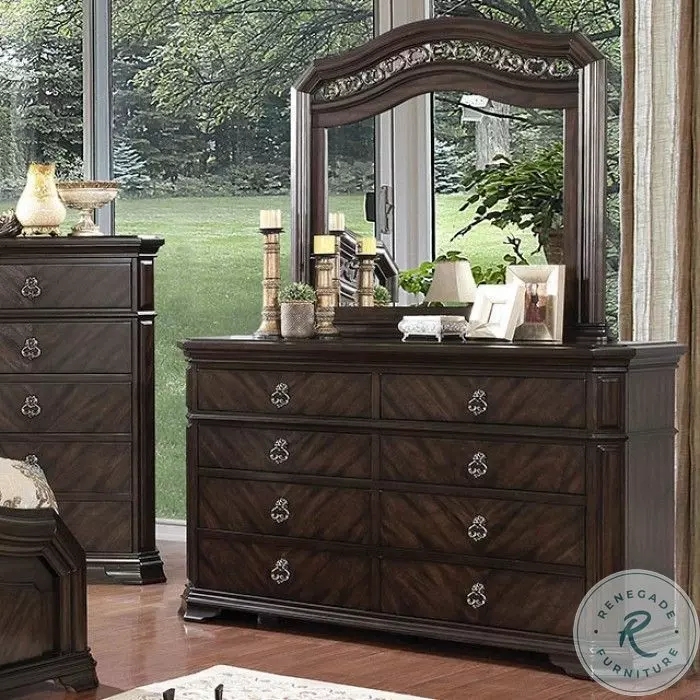 Double Dresser and Ornate Arched Mirror Set with Chevron Drawer Fronts