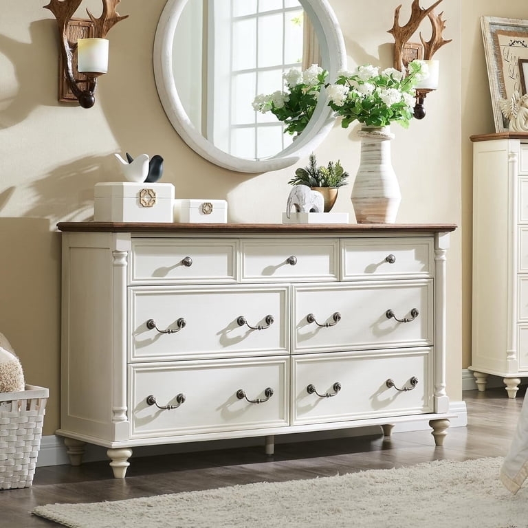 Double Dresser Antique White with Contrasting Wood Top