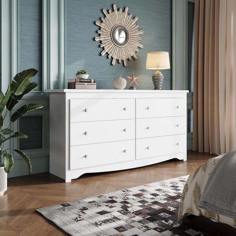 Double Dresser Arched Base White Six Drawers Transitional Style