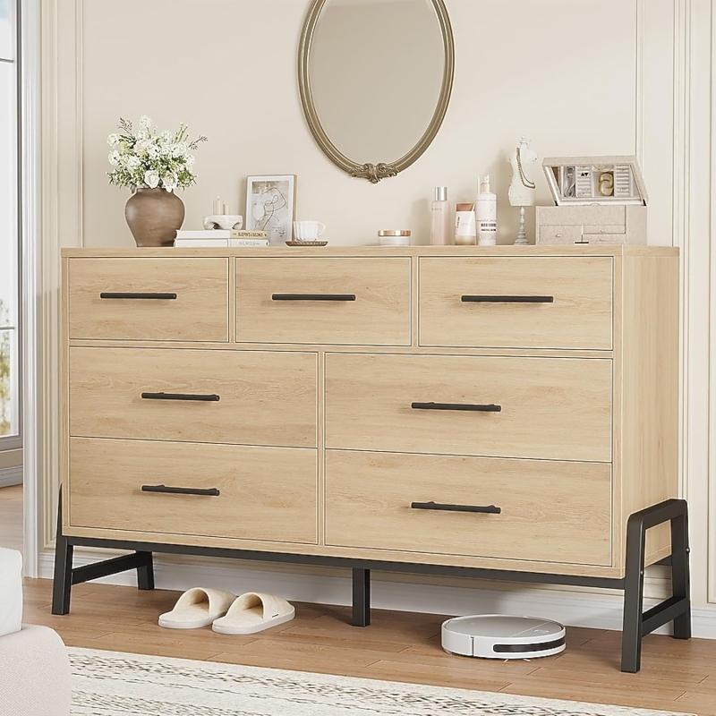 Double Dresser Black Metal Base Industrial Light Wood 7 Drawer Layout