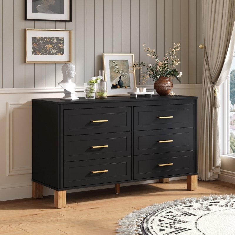 Double Dresser Block Legs Gold Hardware Recessed Panels Matte Finish