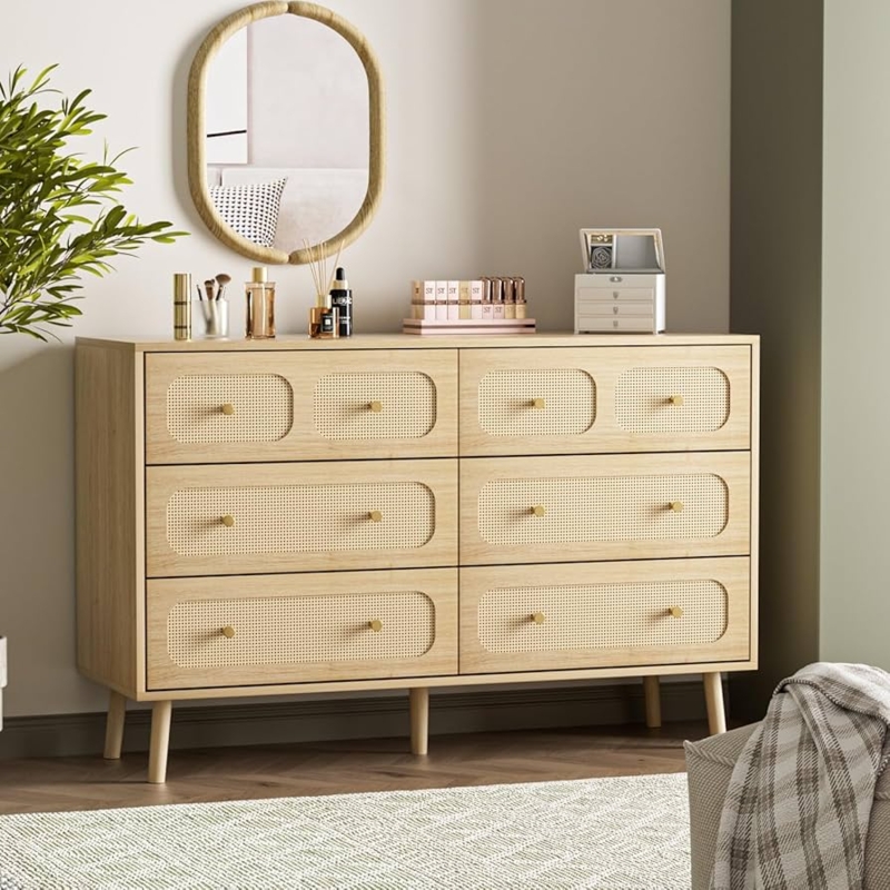 Double Dresser: Blonde Wood with Pill-Shaped Rattan Cane Inserts