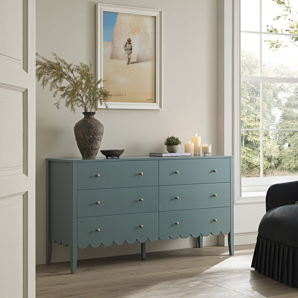 Double Dresser Blue Spruce Finish Scalloped Edge Six Drawers