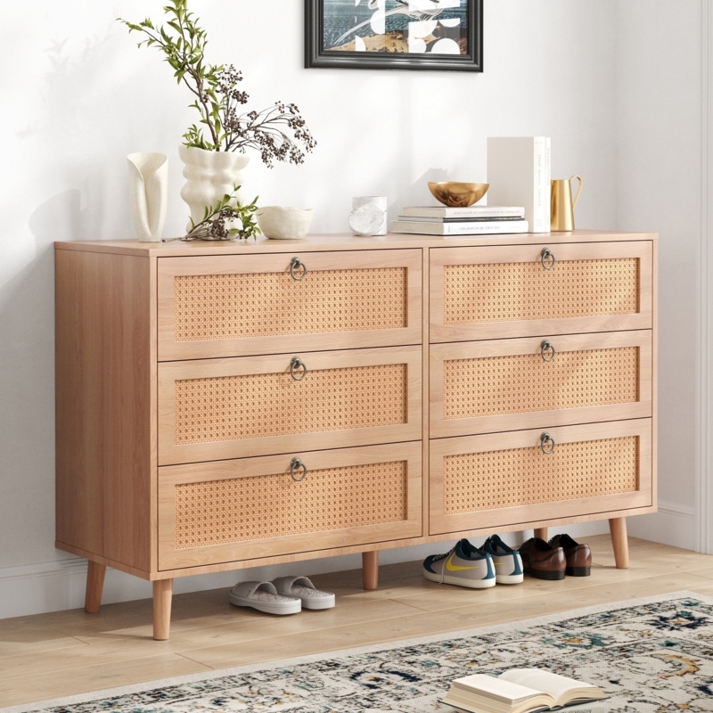Double Dresser Boho Style Rattan Cane Fronts, Tapered Legs