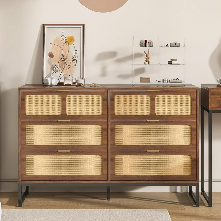 Double Dresser Cane Inlay Panels Black Metal Base Mid-Century Boho