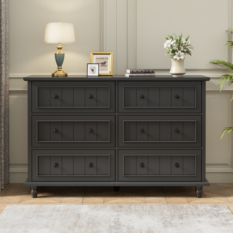 Double Dresser Charcoal Gray Finish Paneled Fronts Turned Feet