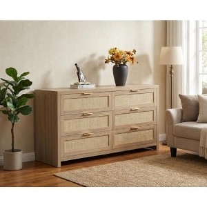 Double Dresser Coastal Boho with Rattan Fronts & Gold Hardware
