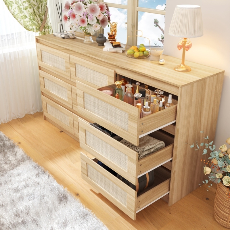 Double Dresser: Coastal Farmhouse Natural Wood, Cane Inserts