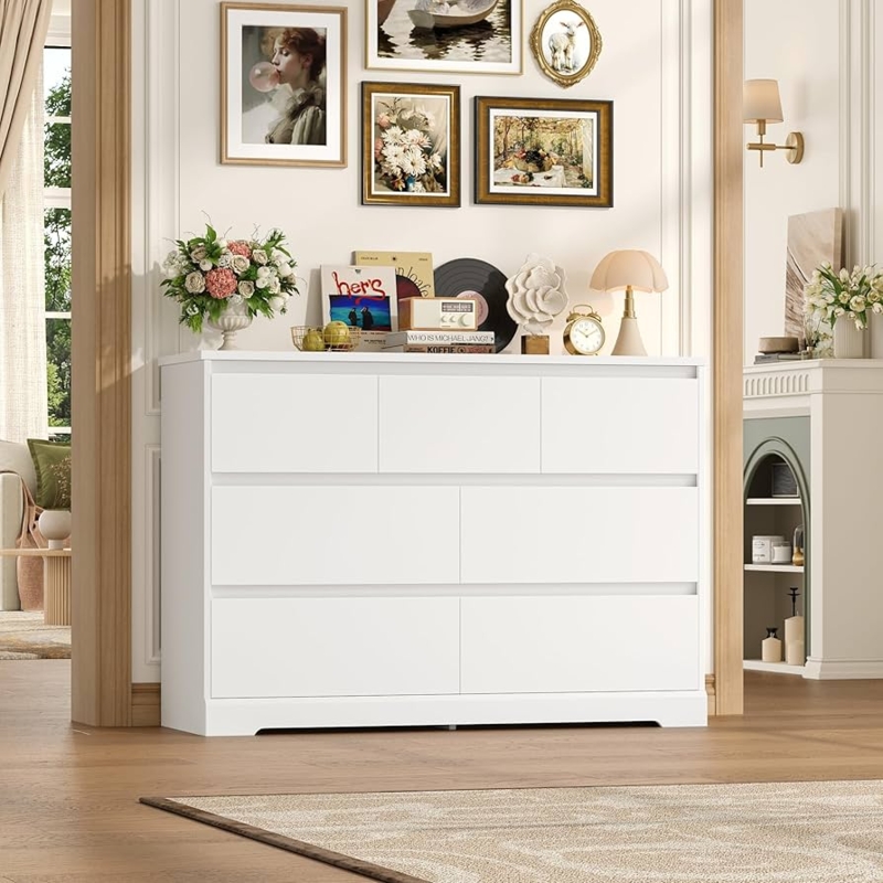Double Dresser Crisp White Handle Free Seven Drawers Minimalist