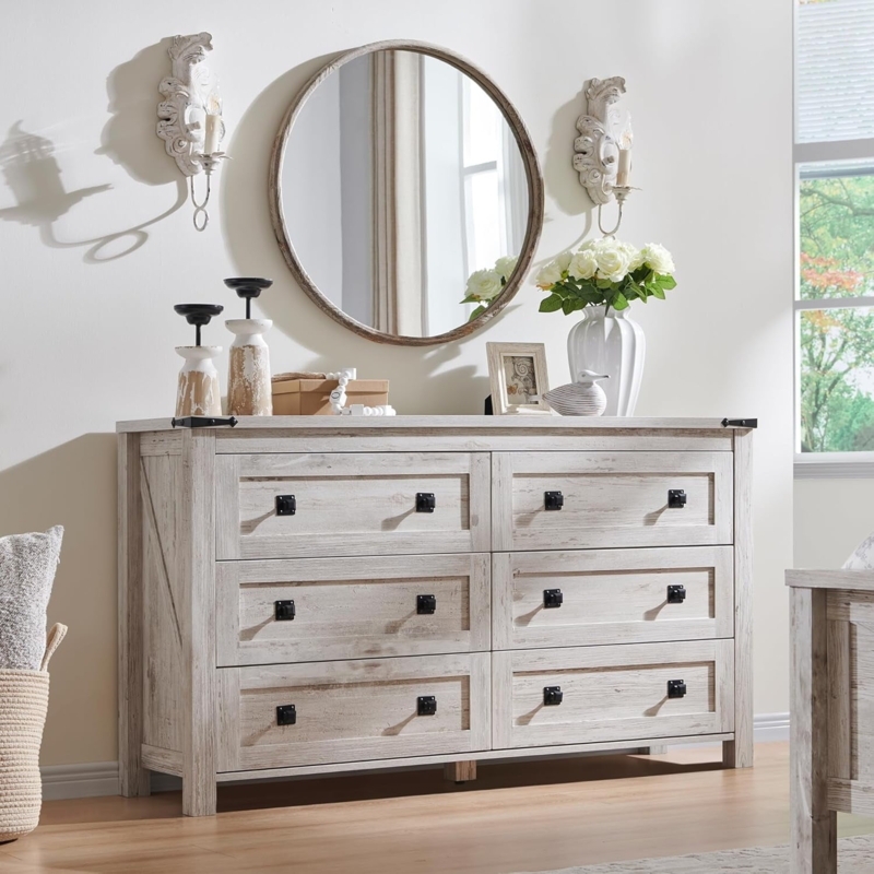Double Dresser Cross Buck Sides Whitewashed Finish Farmhouse