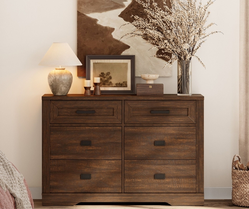 Double Dresser, Dark Brown Grain, Recessed Panel Drawers, Modern Farmhouse