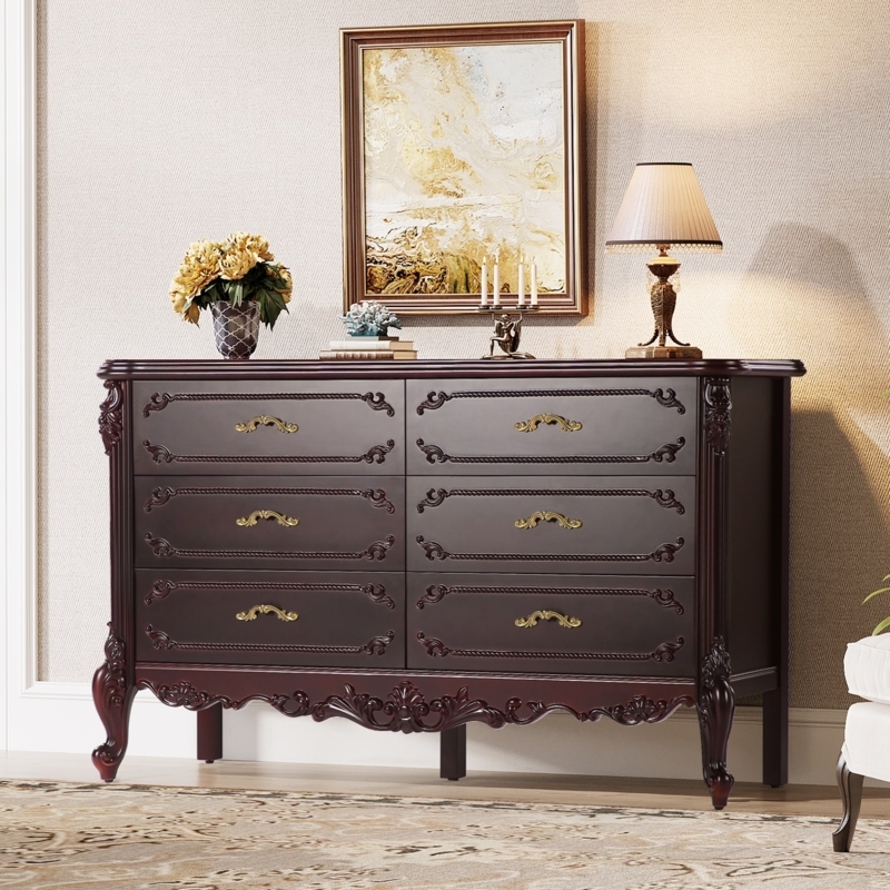 Double Dresser Dark Cherry Ornate Carved Apron Cabriole Legs