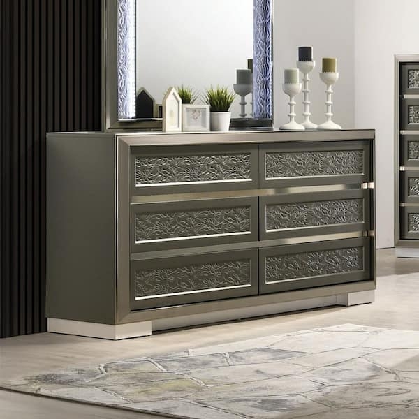 Double Dresser, Dark Gray Metallic Finish, Leaf Pattern Molding, Glam.