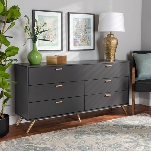 Double Dresser, Dark Gray, Slim Tapered Gold Legs, Mid-Century Modern.