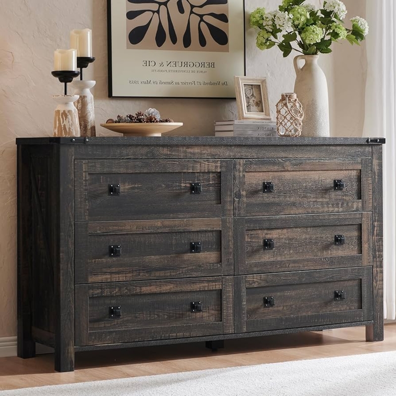 Double Dresser Dark Rustic Oak Finish & Black Square Knobs