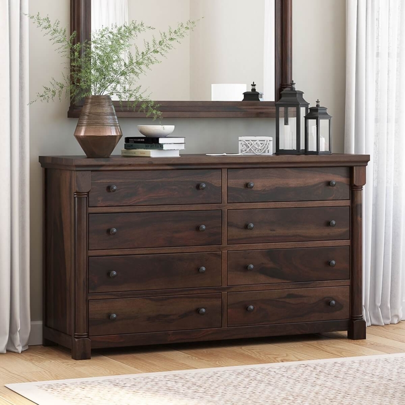 Double Dresser Dark Wood Turned Posts Eight Drawer Storage