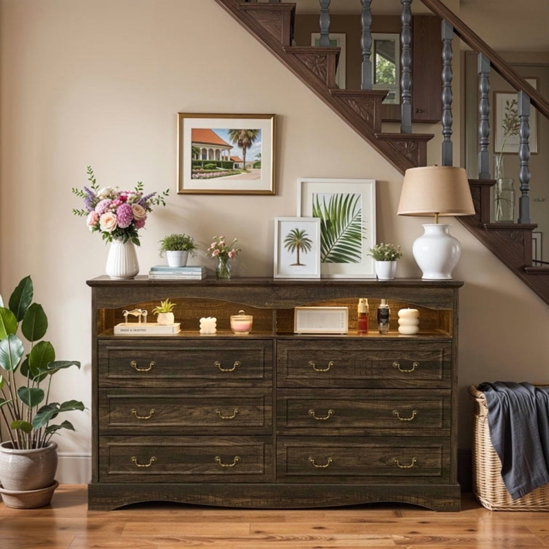 Double Dresser Dark Wood with Open Lit Shelf and Antique Brass Pulls