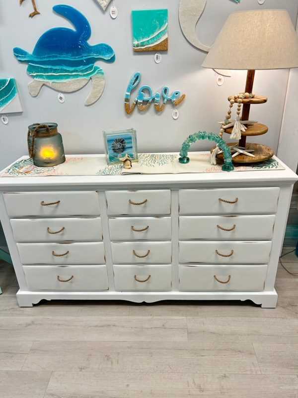 Double Dresser Distressed Finish with Rope Handles, Coastal White 12 Drawer