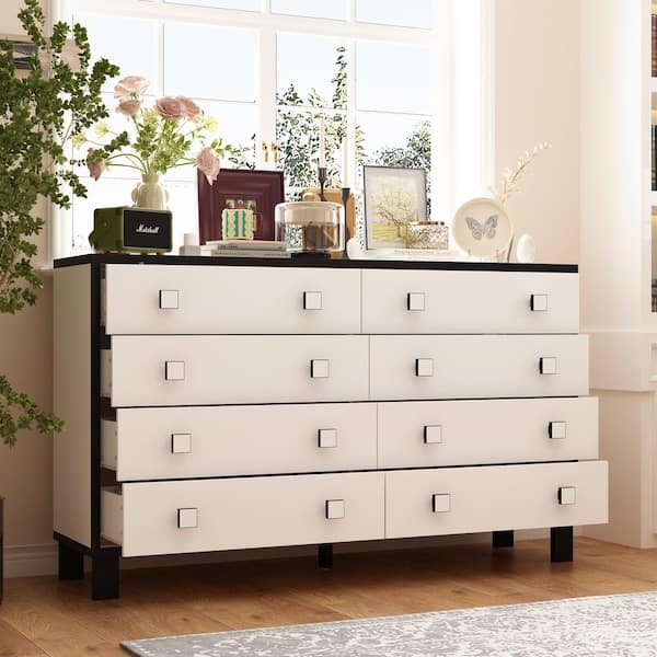 Double Dresser Eight-Drawer Square Metal Knobs Black Frame Accent