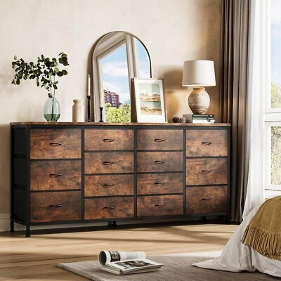 Double Dresser, Extra Wide 14-Drawer Wood, Metal Frame