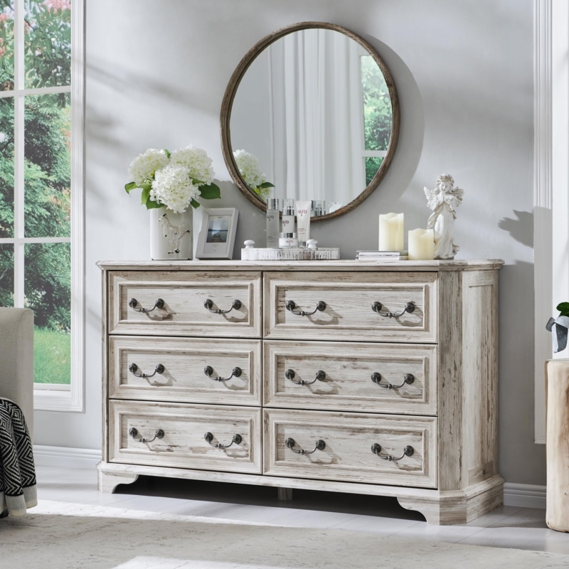 Double Dresser Farmhouse Distressed Whitewash Bracket Feet