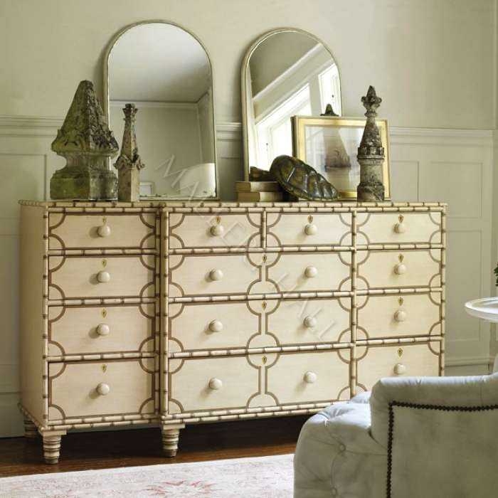 Double Dresser Faux Bamboo Detailing and Geometric Fretwork, Coastal Regency