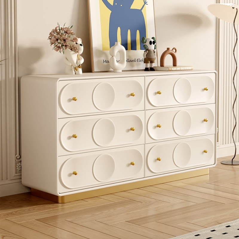 Double Dresser featuring Circular Relief, White & Gold 6 Drawer Design