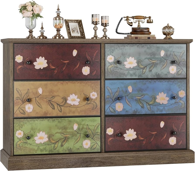 Double Dresser Floral Vine Pattern Multicolor Boho Vintage Chest