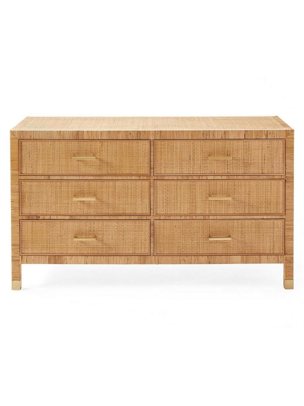Double Dresser: Full Woven Rattan Finish, Brass Bar Pulls.