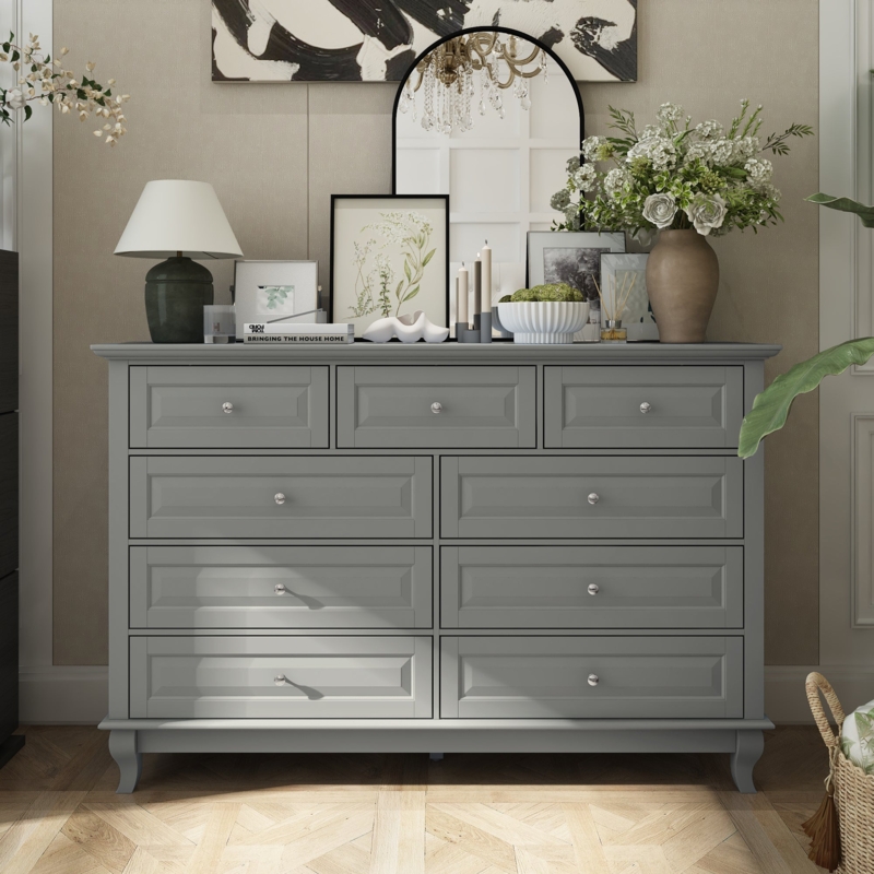 Double Dresser Gray Nine-Drawer Transitional Storage
