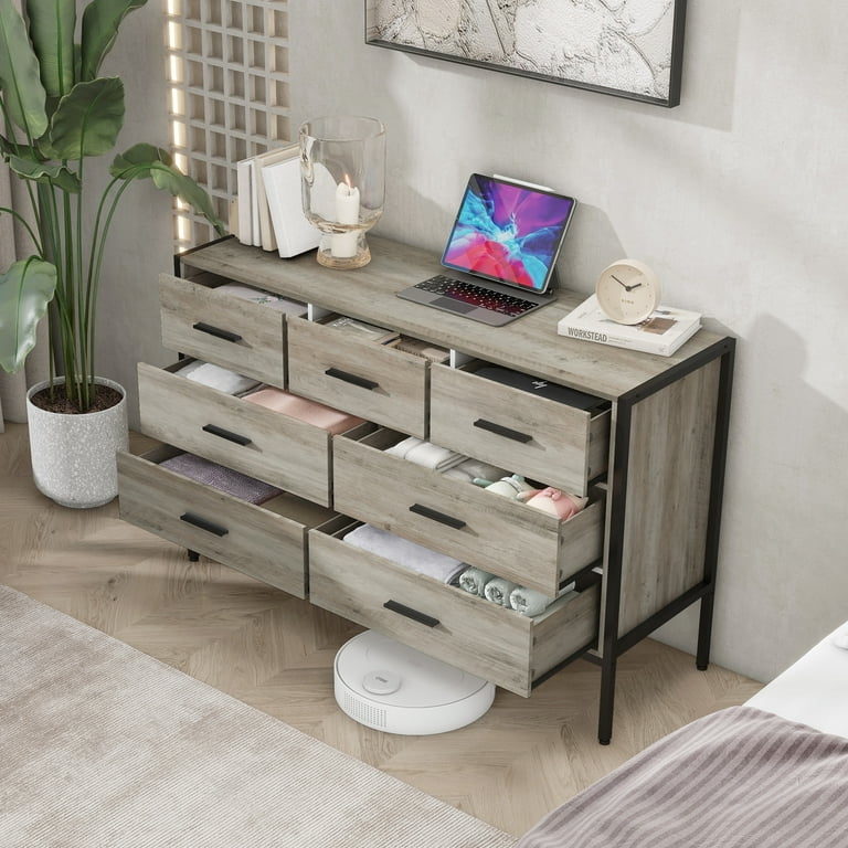 Double Dresser, Gray Wood Finish, Seven Drawers, Black Steel Frame