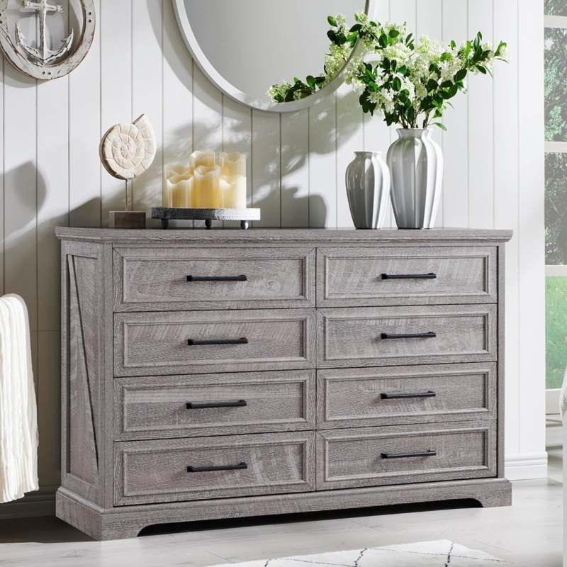 Double Dresser Grey Wash Finish Eight Drawers X-Brace Coastal Style
