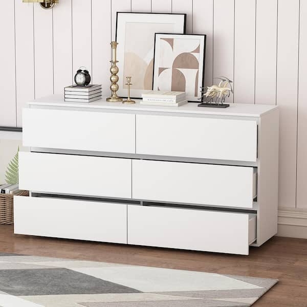 Double Dresser Handleless Front Minimalist White 6-Drawer Capacity