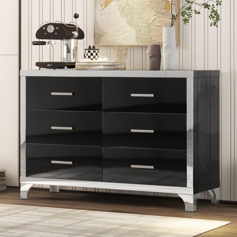 Double Dresser High Gloss Black Mirrored Trim Modern Glam Style