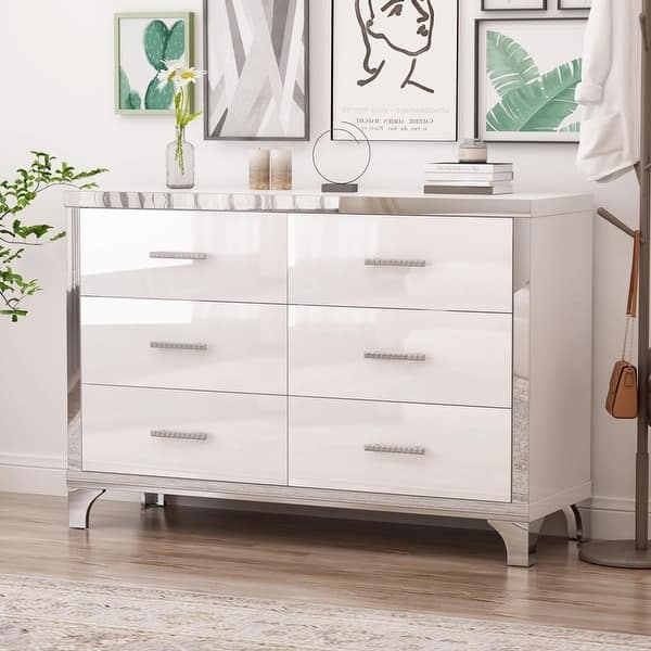 Double Dresser High Gloss White Finish Mirrored Trim Modern Glam