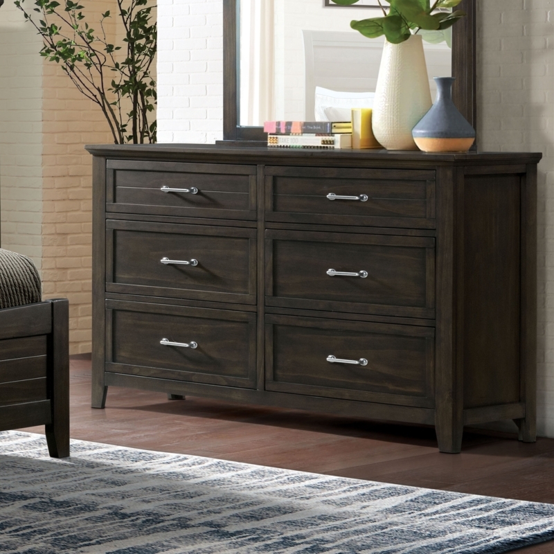 Double Dresser in Dark Walnut with Framed Drawers and Silver Bar Pulls.