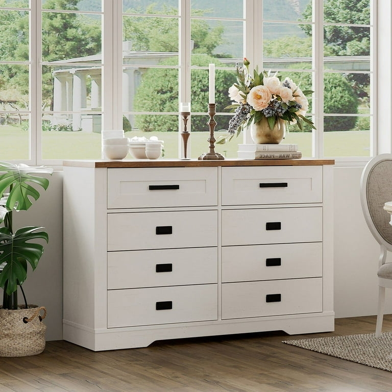 Double Dresser in Matte White with Wood Toned Top and Black Bar Pulls