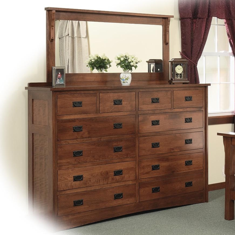 Double Dresser in Mission Style with 12 Drawers and Landscape Mirror.